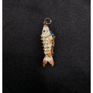 Vintage Chinese Movable Fish Pendant Gold-Tone Cloisonné
